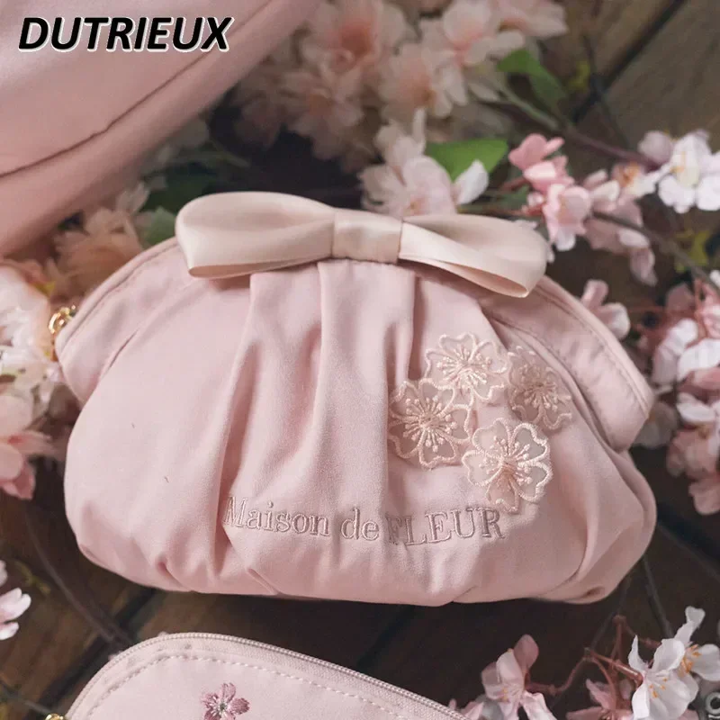 

Handbag for Women Japanese Style Spring Summer Hand-Held Dumplings Bow Satin Ladies Cosmetic Bag Sweet Cute Makeup Bags