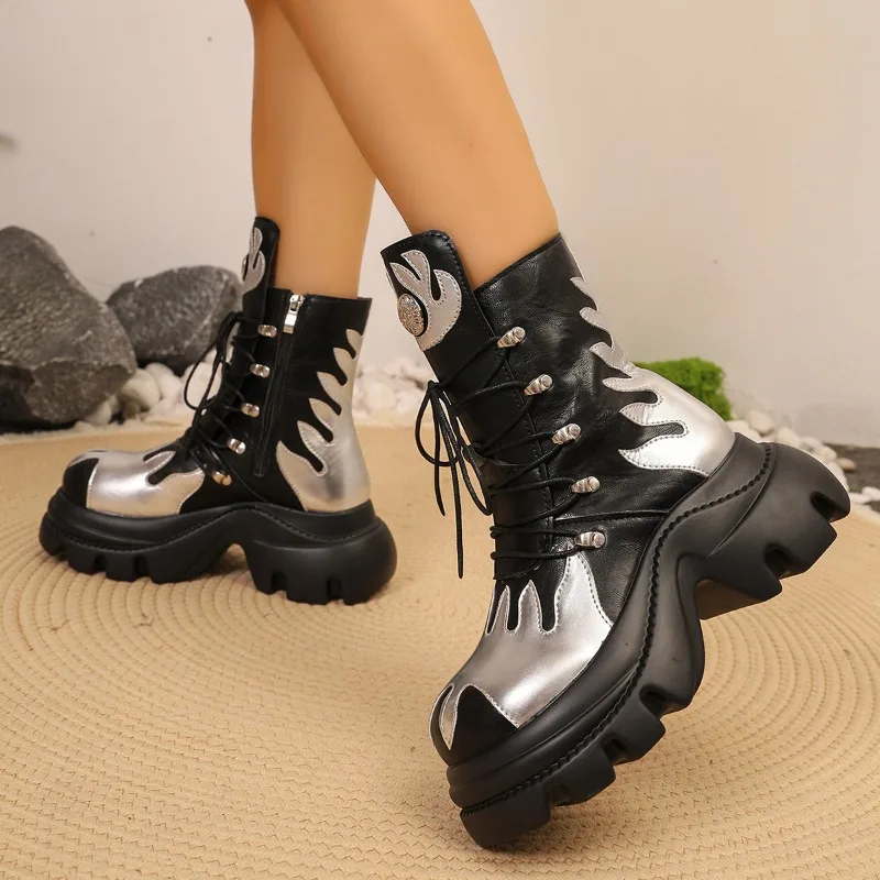 Autumn and Winter New Soft Leather Thick Heel Women's Shoes Round Toe Splicing Lace-up Versatile Foreign Style Platform Booties