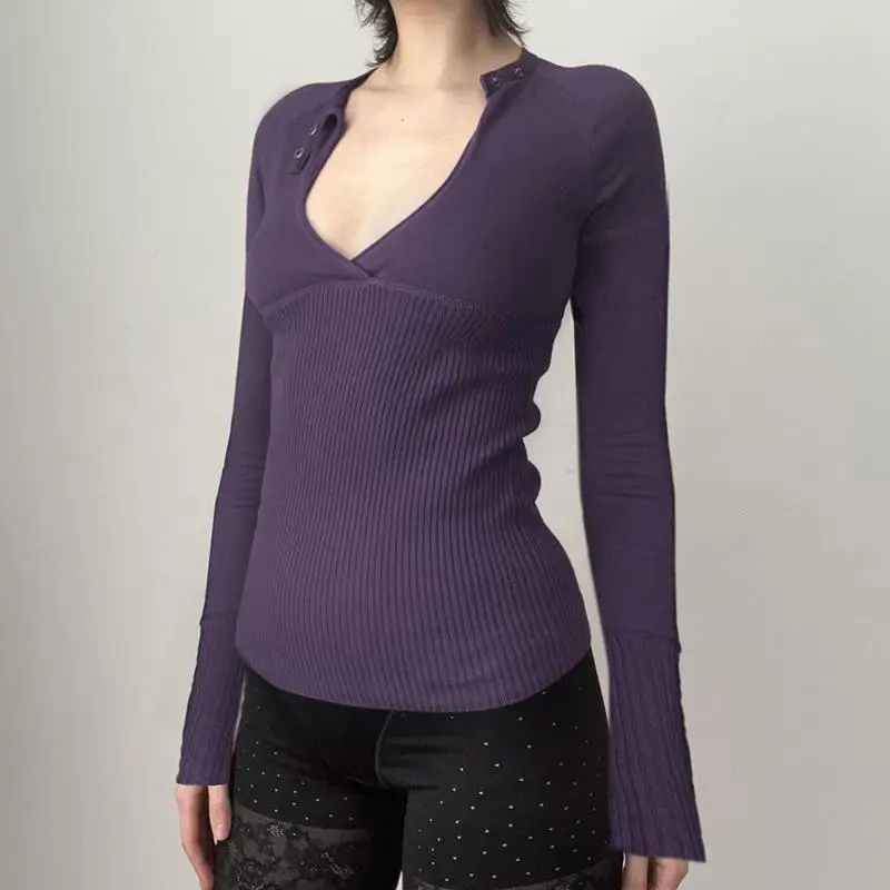 المرأة العميق الخامس الجوف خارج كم طويل سترة علوية بلون بلوفر مغزول Y2K موضة أنيقة الأساسية لخريف شتاء