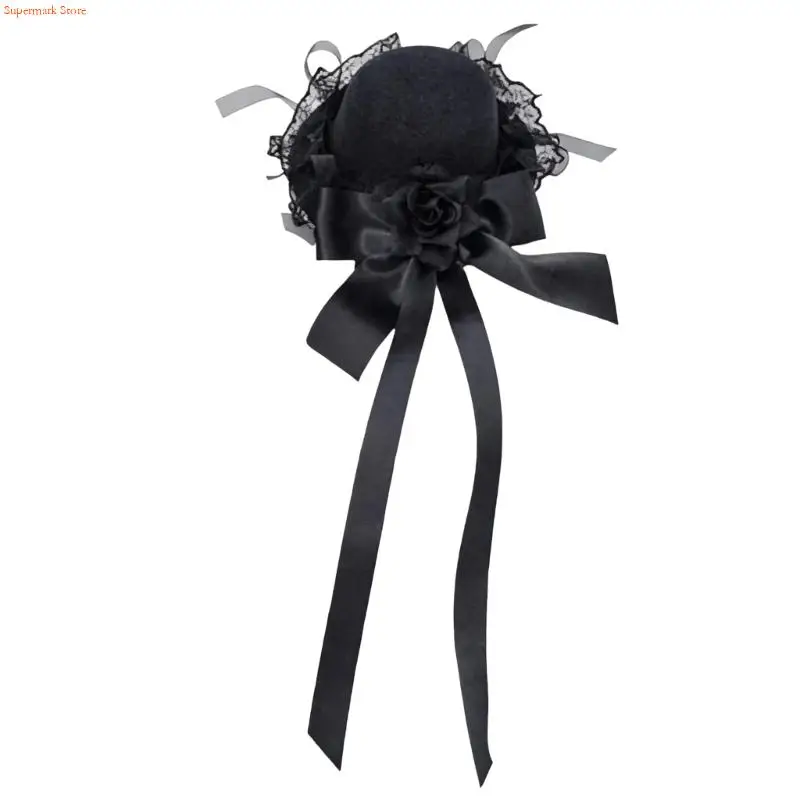 Q5WE Lace Trim Rose Flower Hat Barrette Anime Event Hair Decoration Side Hair Clip For Halloween Special Occasion Dressingup
