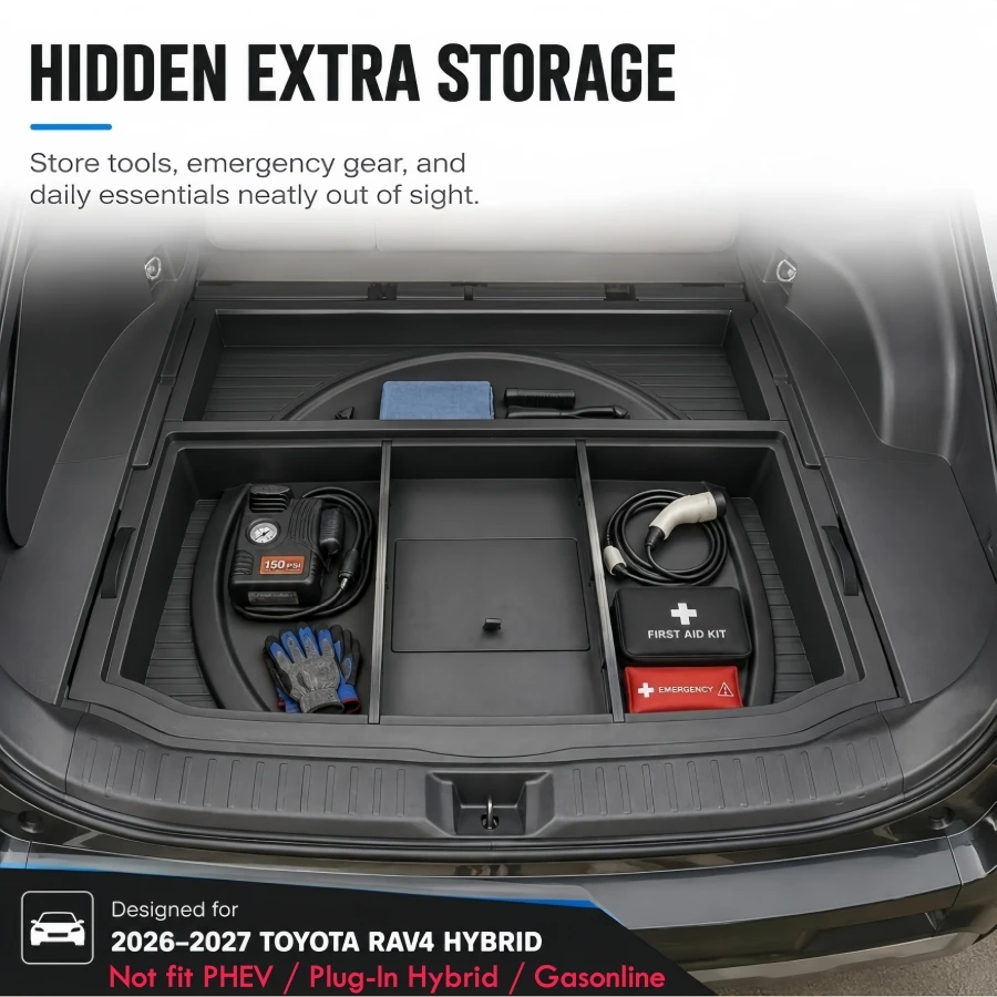 ABS Trunk Storage Organizer Box for Toyota RAV4 Hybrid 2026-2027 Hidden Cargo Tray With Divided Storage Not for PHEV & Gasonline