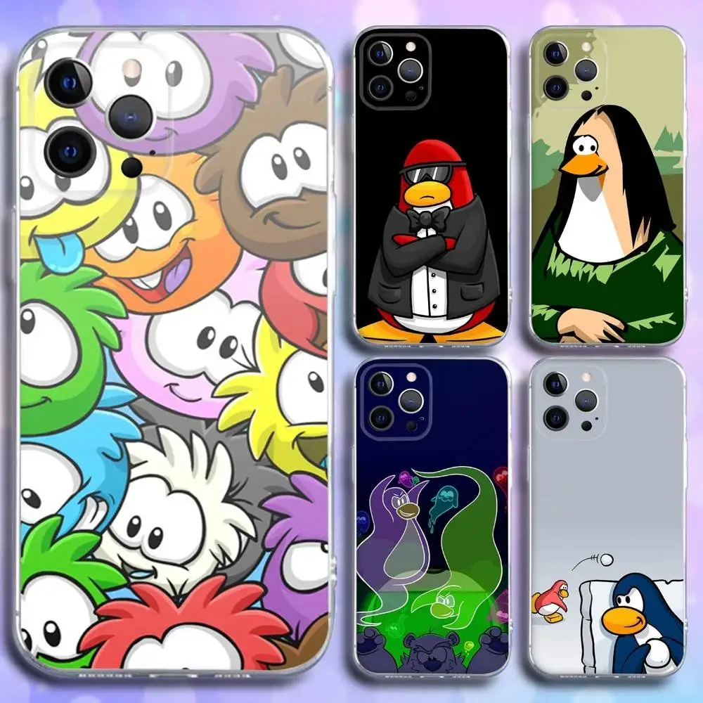 Funda de teléfono Game Club Penguin para iPhone 16e,16,15,14,13,12,11 Plus,Pro,Max,XR,XS,X,Plus,SE,Mini cubierta suave transparente