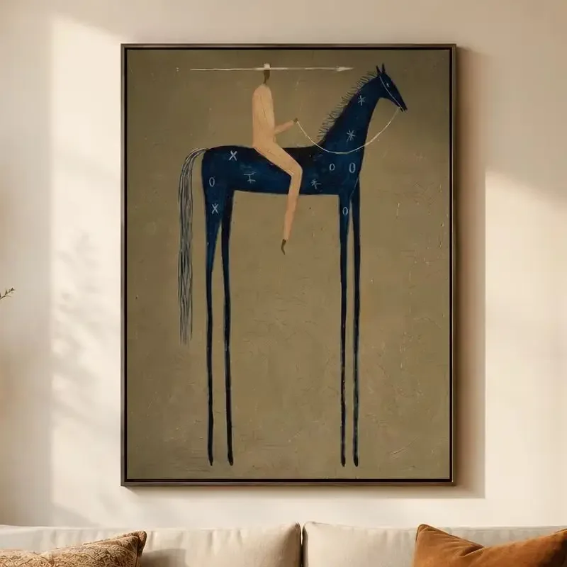 1pc frameless Canvas Painting Blue Arrow – Vintage Americana Rider with Spear on Indigo Horse Painting | Canvas Wall Printfor Be