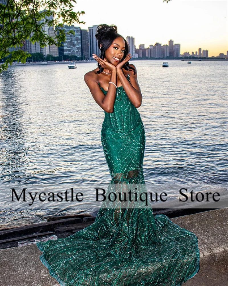 Green Lace Beaded Long Mermaid Prom Dress For Black Girl 2024 New Arrivals Evening Dresses Wedding Party Gown Lace up