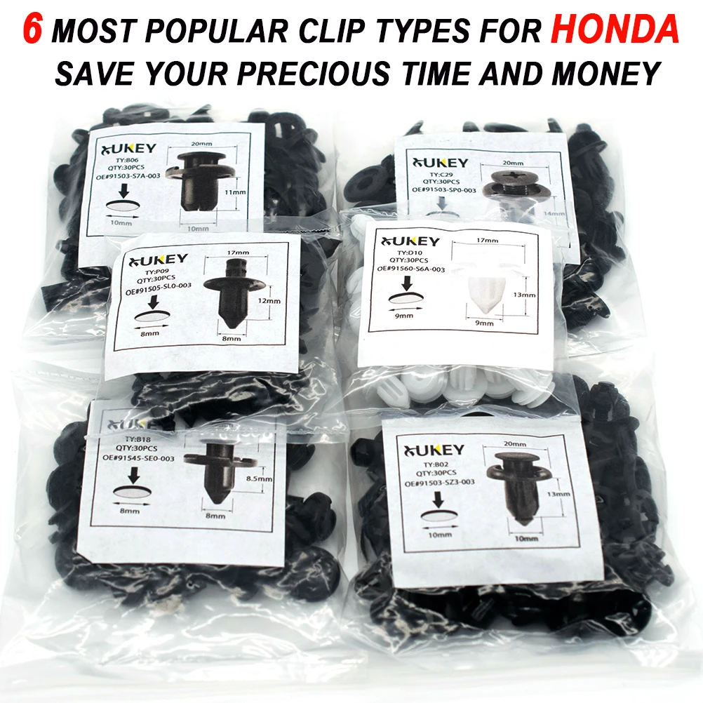 180X Push Pin Rivets Car Door Trim Panel Clips Bumper Grille Mud Flaps Fastener Retainer Kit For Honda Civic Accord CR-V Screw