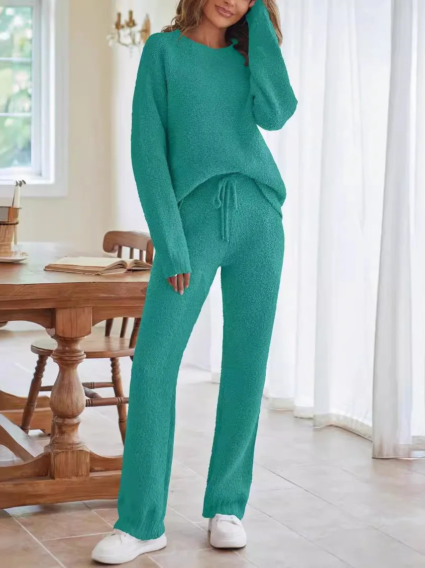 

Warm Thi Pure Color round Ne Long Sve Long Pants Women Casual Suit Autumn Winter New Sle Commute Sle Faion Set
