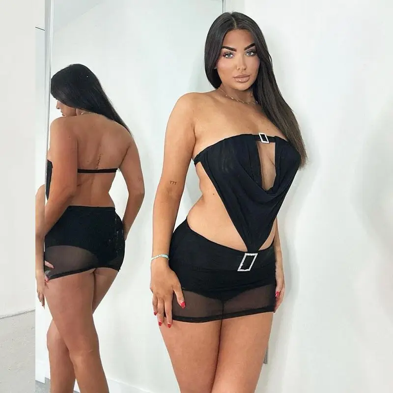 Cryptographic Sexy Strapless Cut Out Mini Dress Clubwear Party Elegant Outfits for Women Summer Mesh Sheer Backless Dresses