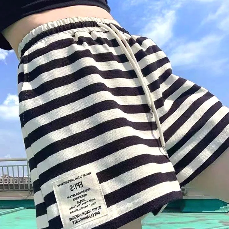 Women's Clothing Red Stripe Shorts Summer New Drawstring Waist Wide Leg Korean Style Casual Comfortable Trendy Pants