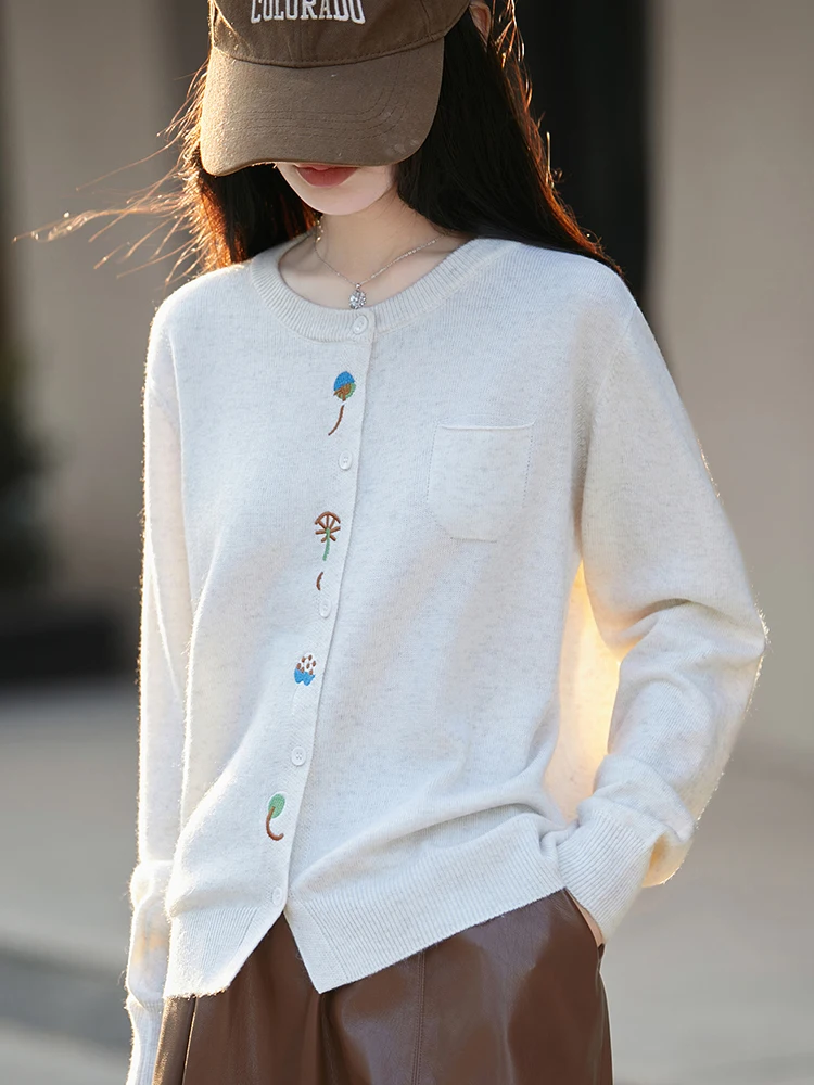 

Ele круглый вязаный шерстяной открытый кардиган с вышивкой, женский длинный свитер узкого кроя Sve, универсальный белый повседневный джемпер...