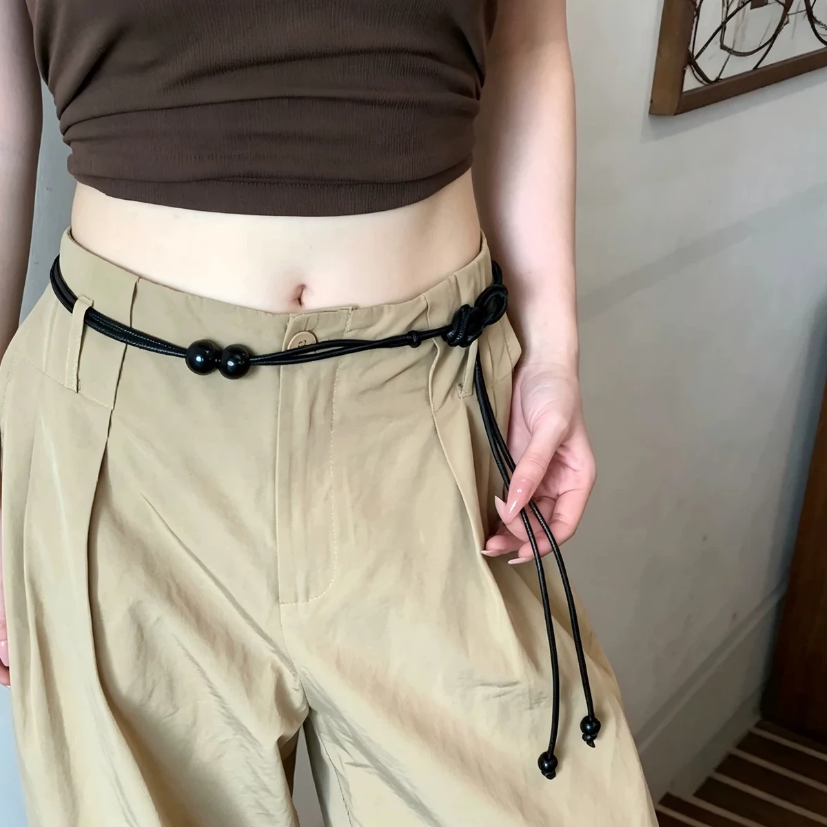 1pc Women's Adjustable Slim Belt with Brown Bead Accents Waist Cincher for Dresses Shirts Jackets Day-to-Night Style Enhancer image 5