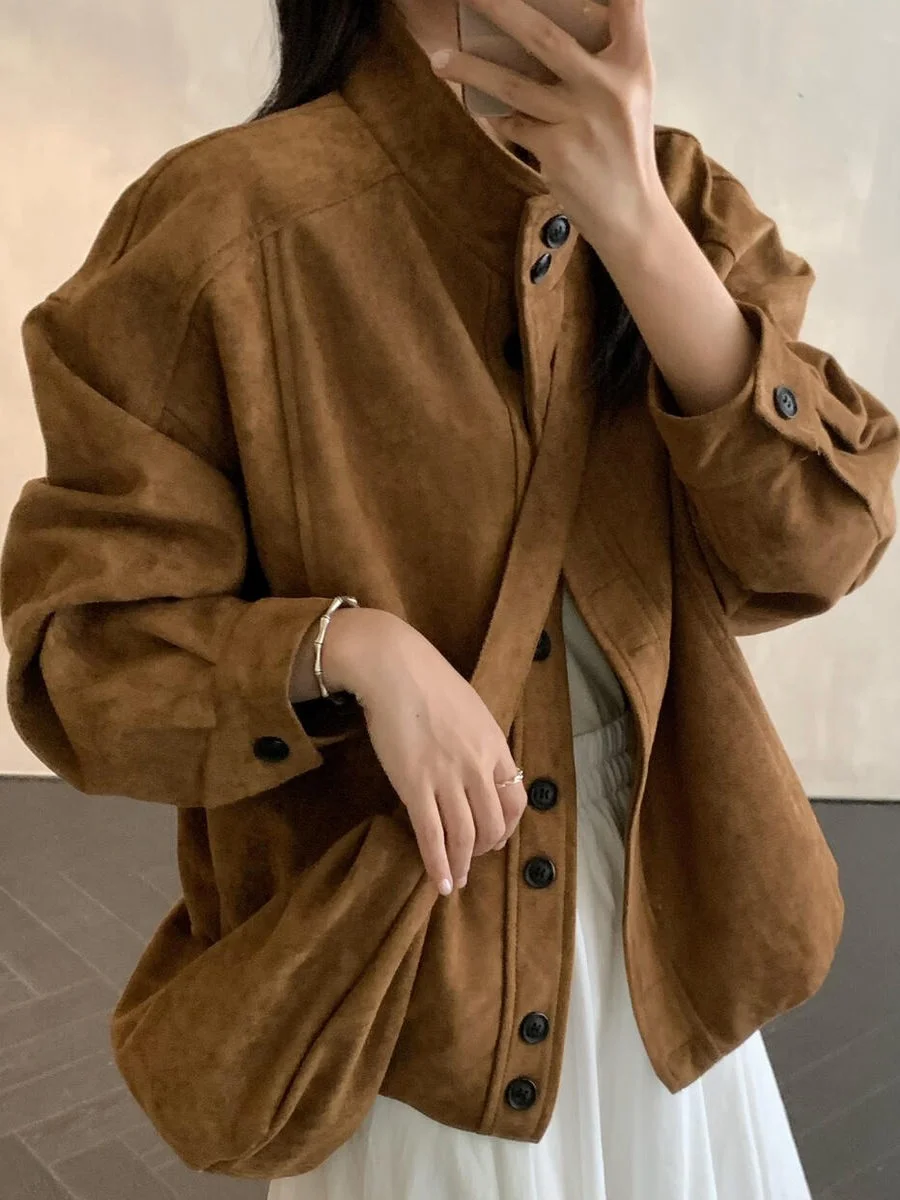 

East Gate American Retro Stand Collar Loose Suede Coat Short Jacket Women's Jacket Top with Bag Vintage Style Long Sleeve