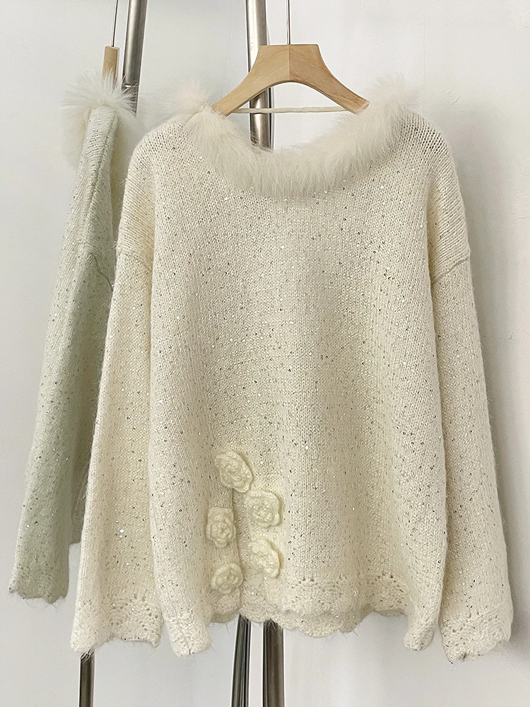 Women 2025 Flowers Bow Knit Pullovers Jacket New Spring Autumn Loose Sequins Clothes Female Real Fox Fur Back-length Sweater