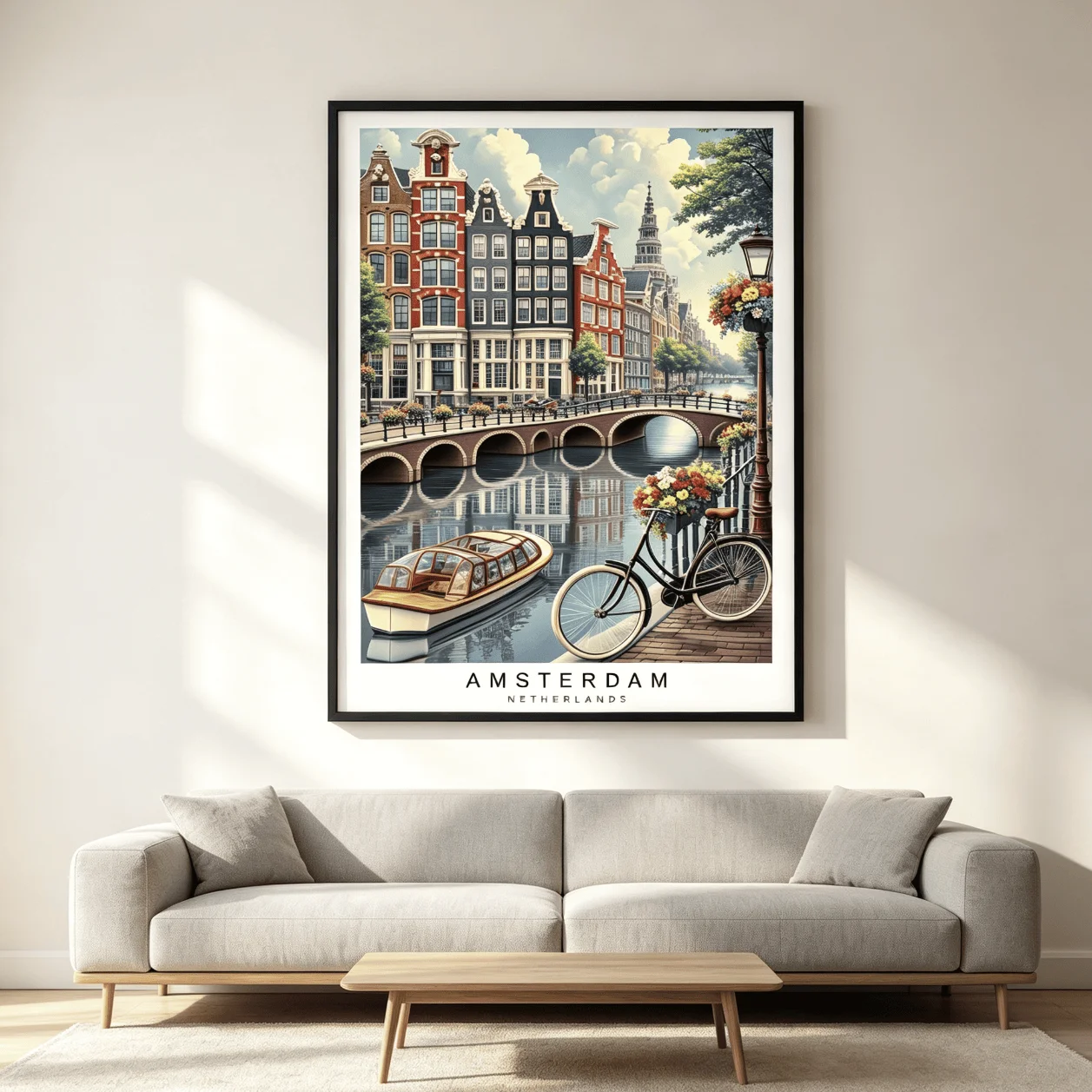Dutch Amsterdam Canal City Canvas Wall Art Prints Decor, Vintage Bicycle Boat Floral Bridge Poster for Bedroom, Entryway