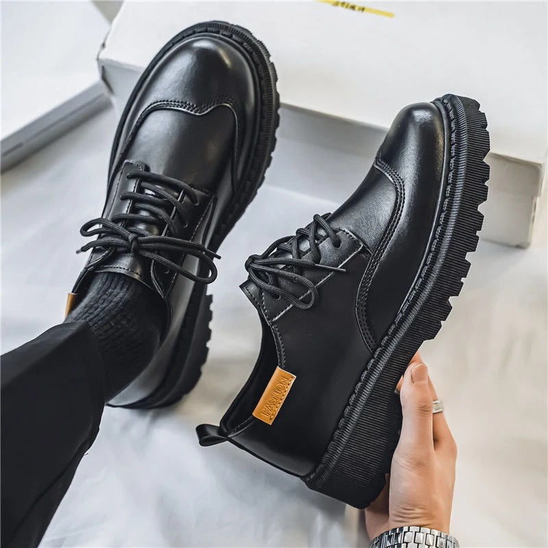 

Black Round Toe Platform Height Increasing Male Casual Shoe New in Social Elegant 2025 Trend Men's Leather Brogue Shoes on Sale