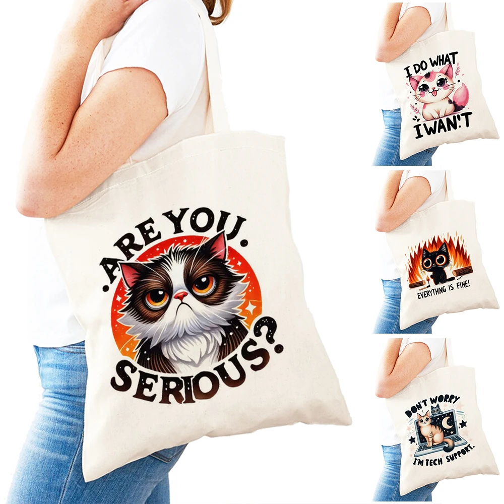 

Casual Funny Animal Girl Shopper Bag Lightweight Humorous Cat Girl Daily use Lady Shoulder Bag Double Print Women Shopping Bags
