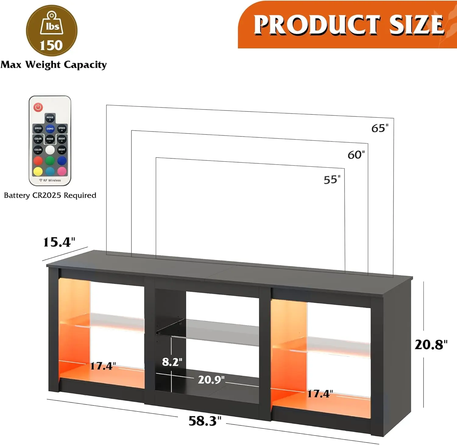 NEW TV Stand for 65 Inch TV, 58“ Entertainment Center with Adjustable Glass Shelves, LED TV Stands for Living Room, Black