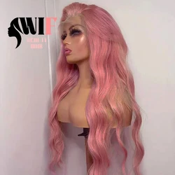 WIF Ash Pink Long Wavy Synthetic Lace Wig Body Wavy Makeup Use Pink Hair Heat Resistant Lace Front Wigs Women Cosplay Use Hair