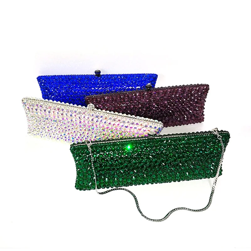 

Luxury Women evening party diamonds classical solid bridal wedding bag long shape full crystal clutches purses