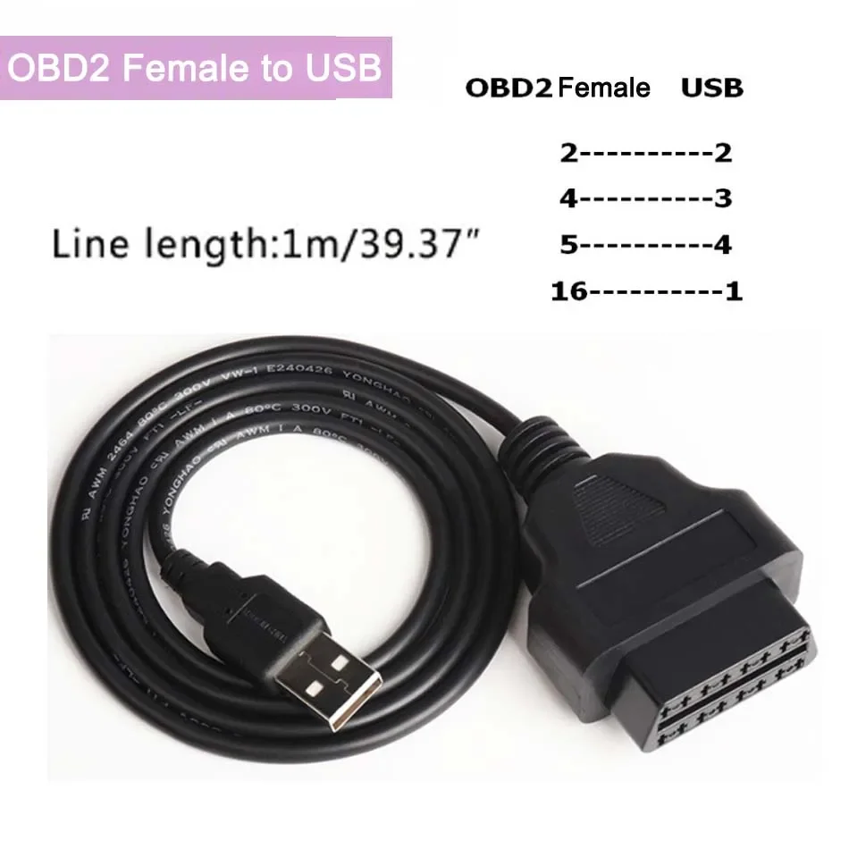 Cable de carga USB para GPS rastreador HUD Diaplsy, conector de alimentación de 16 pines para coche, 1 metro de largo, OBD2, 16 pines