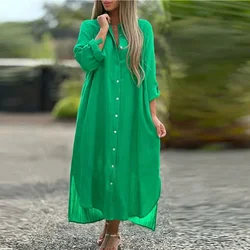 Maxi vestidos de manga larga para mujer, cuello vuelto, camisa informal de algodón y lino con botones, Vestido largo de vacaciones, 2024