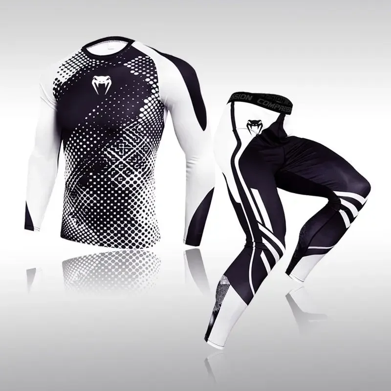 Venom Men Long Sleeve Compression Shirt Set High Elastic Quick Dry Running Basketball Sanda Training Gym