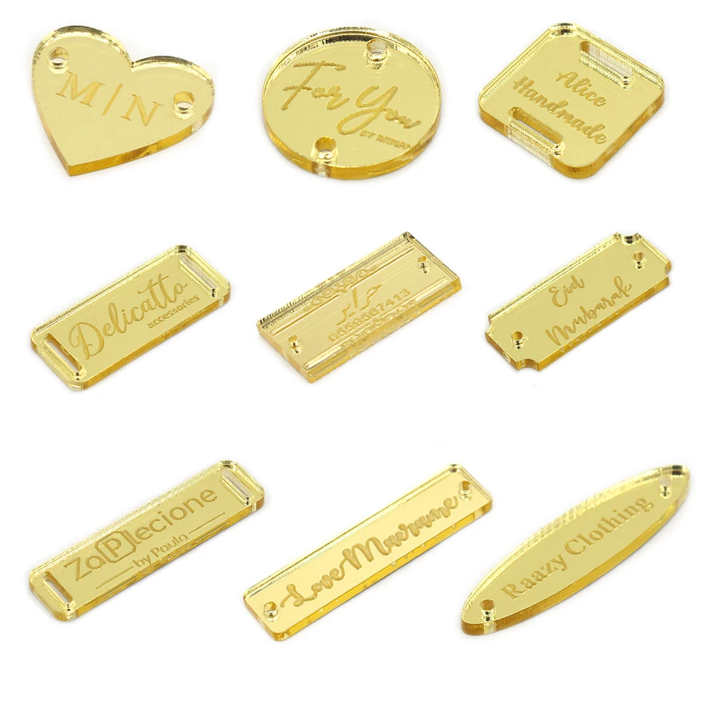 25Pcs Personalized Engraved Gold Tags Acrylic Many Shapes Clothing Tags Hole Labels Custom LOGO Design For Gift Box Decorations