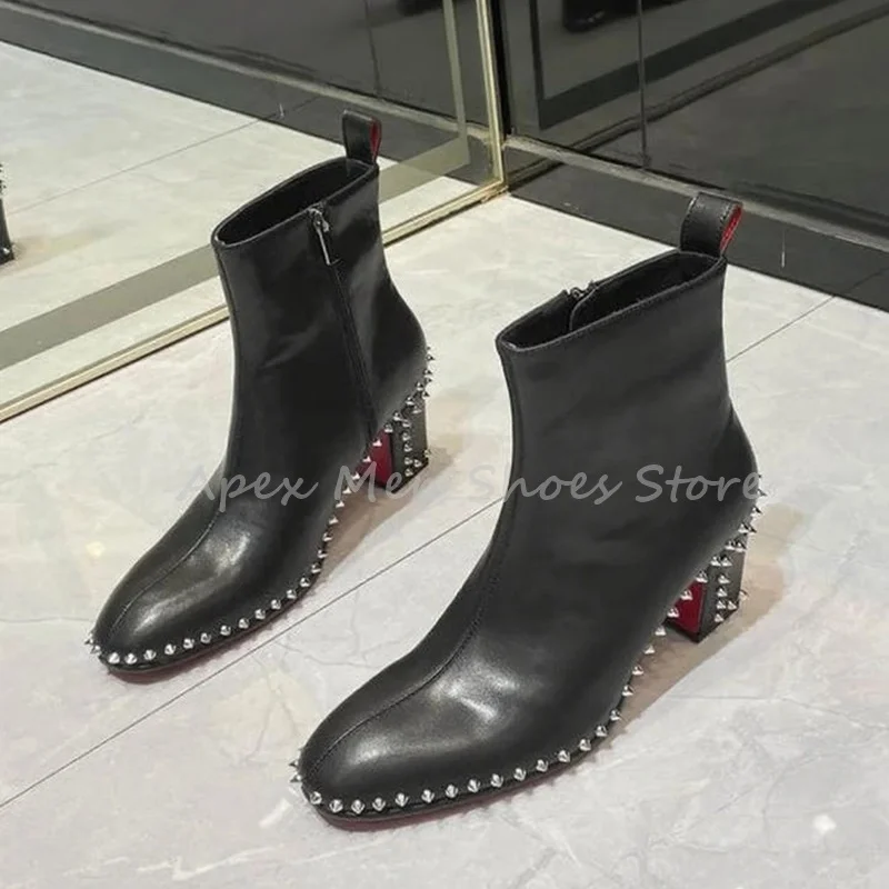 Genuine Leather Men's Studded Rivet Ankle Boots Black Chunky Heel Side Zip Streetwear Trendy Boots Autumn Fashion Modern Boots