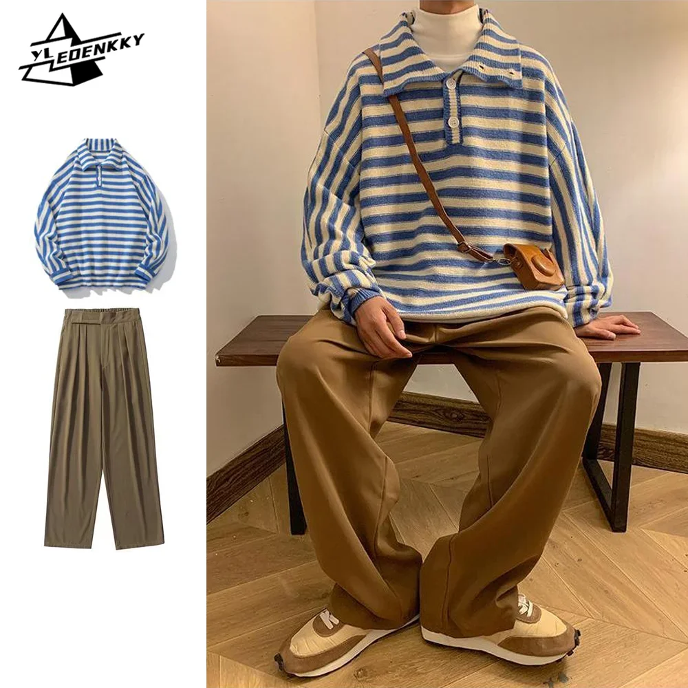 Autumn Casual Sets Men INS Striped Lapel Polo Sweaters High Street Straight-leg Slim Jeans Vintage Wide-leg Trousers Two-piece