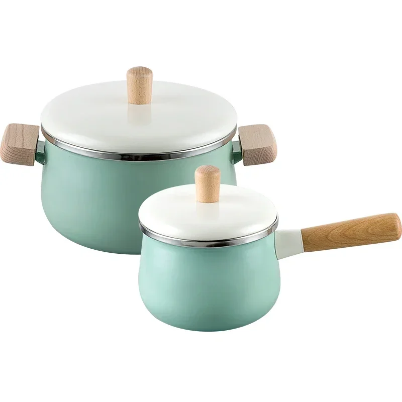 

Northern Europ enamel wood handle milk pot soup saucepan thickened noodle general home induction Japanese cooker stew manual pan