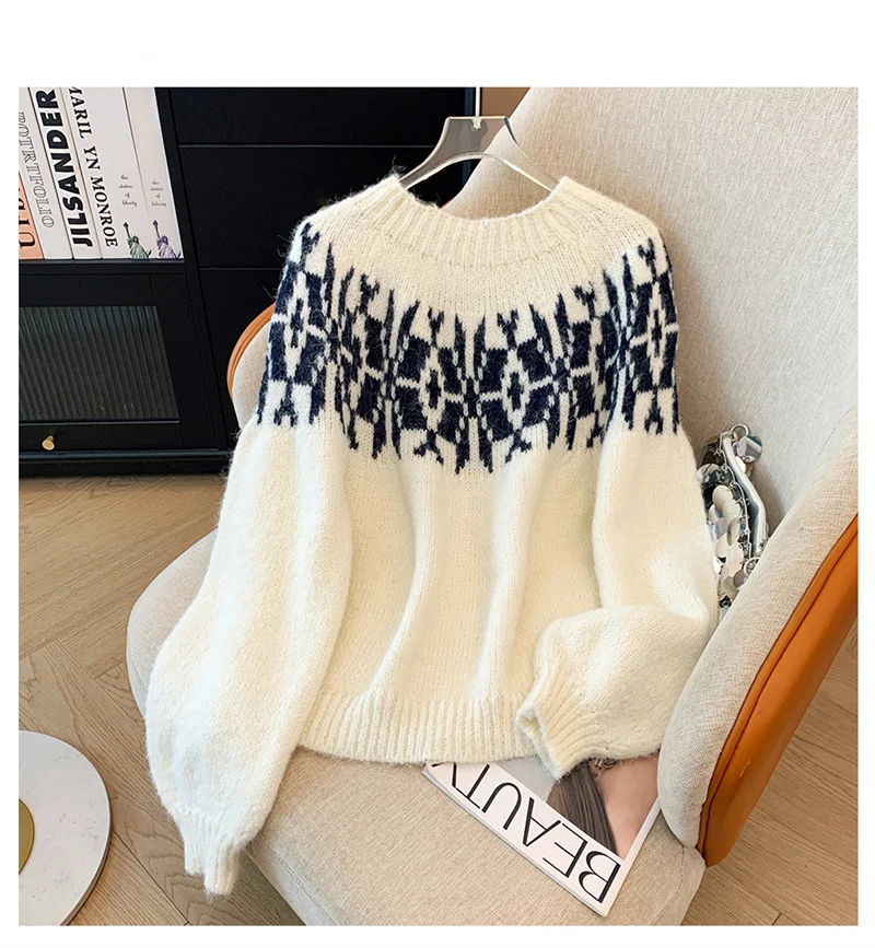 Damski Biały Sweter Fair Lsland Retro Amerykański Lata 2000 Y2k Luźny Miękki Kleisty Sweter z Dzianiny z Bufiastymi Rękawami