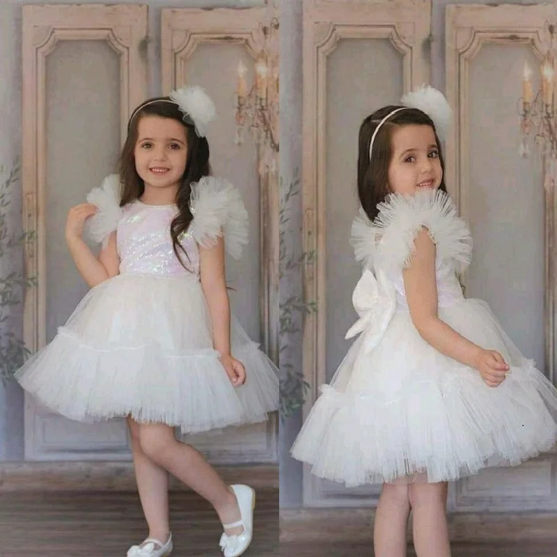 

Fluffy Flower Girl Dress Birthday Short Sleeve Tulle Ball Gown Bow Knee Length Kids Shiny First Communion Lace Princess Dresses