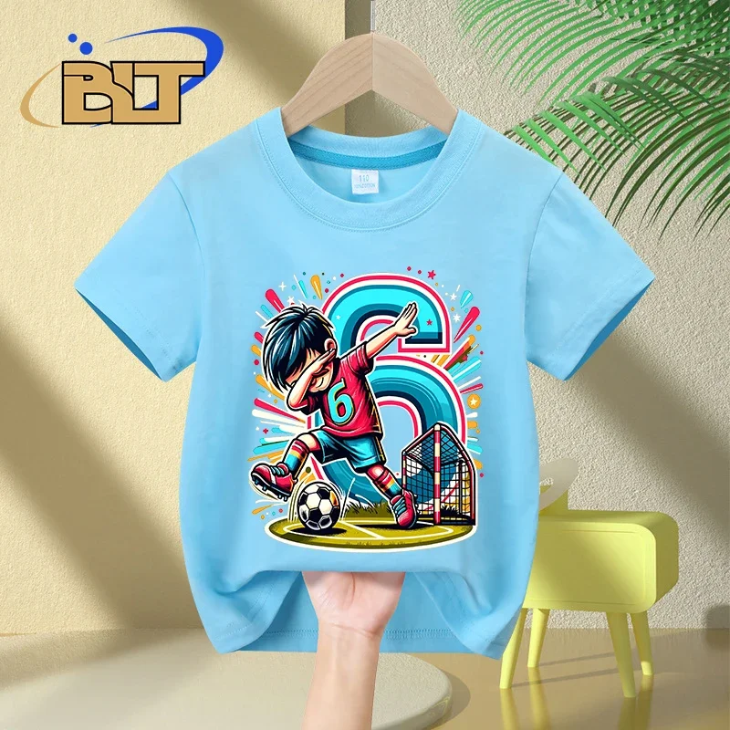 Fã de futebol de manga curta infantil, camiseta de algodão para menino, prenda de aniversário de 6 anos, verão