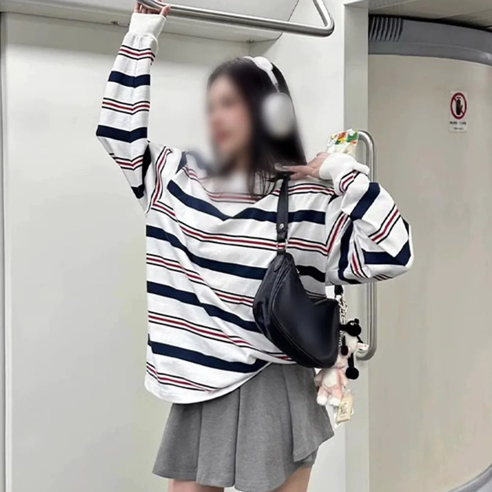 Daily Use Holiday Casual 2XL Color Patchwork Top Women Oversized Long Sleeve T-shirts Harajuku Casual Retro Shirt