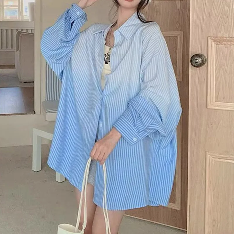 

Spring and Summer Gradient Color-blocked New Striped Shirt Sun Protection Summer Lightweight Casual Loose Lazy Women's Clothing