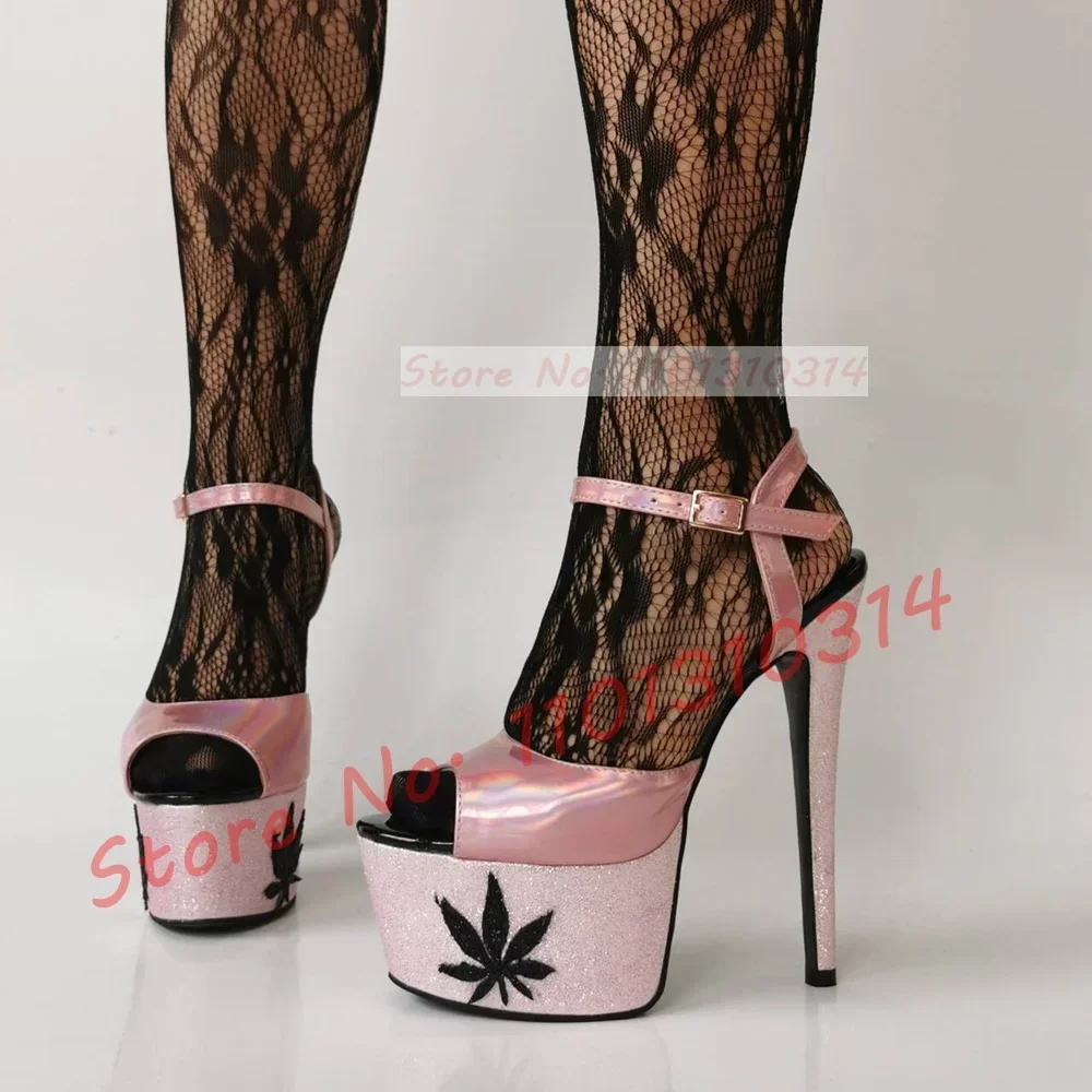 Maple Leaf Platform Glitter Sandals Women Luxury Sparkly Mixed Color High Heels Shoes Summer Party Pvc Strap Evening Sandals