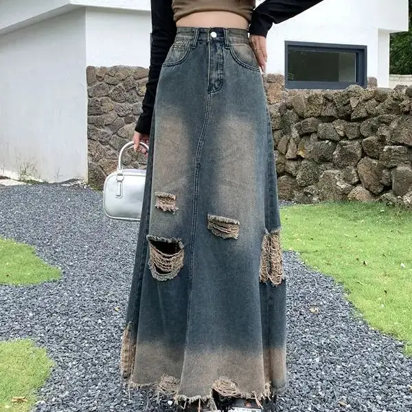 Heavy Industry Nostalgic Retro Washed High Waist New Design Slim Spring Autumn New Washed Hole Raw Edge Denim Skirt