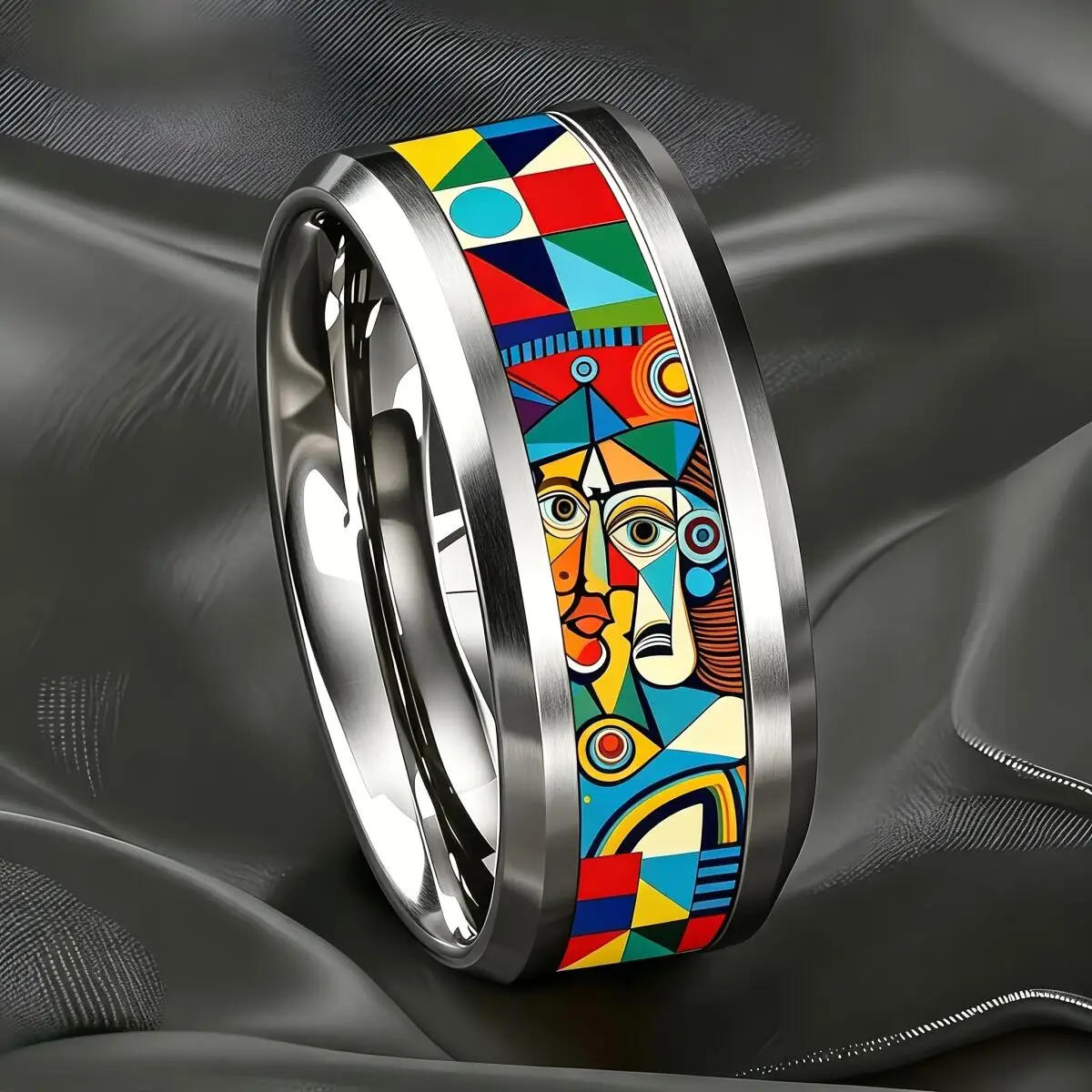 Vintage Cubism Style Colorful Geometric Abstract Face Pattern Stainless Steel Rings For Men Women Wedding Jewelry Gift for Him