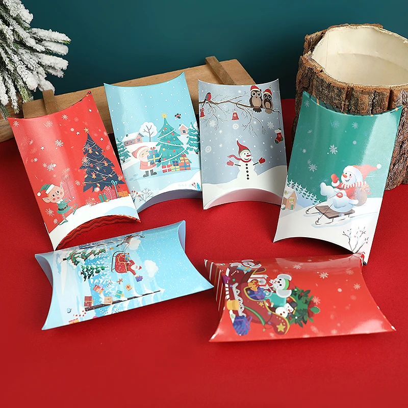 12Pcs Pillow Shaped Candy Boxes Christmas Themed Cartoon Pattern Santa Snowflake Paper Kitchen Supply Craft Christmas Decoration