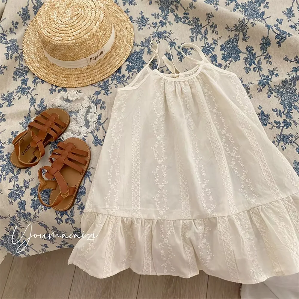 2026 Summer Baby Girls Beige Embroidery Dresses Korean Style White Ruffles Sleeveless Toddlers Kids Suspenders Dress for Party