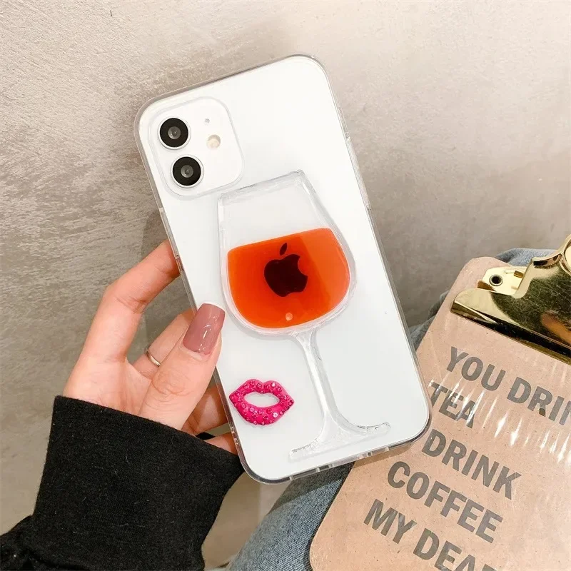 مضحك ثلاثية الأبعاد السائل النبيذ الأحمر الزجاج قضية الهاتف آيفون 15 14 12 11 13 برو ماكس زائد لطيف بريق الشفاه غطاء واضح