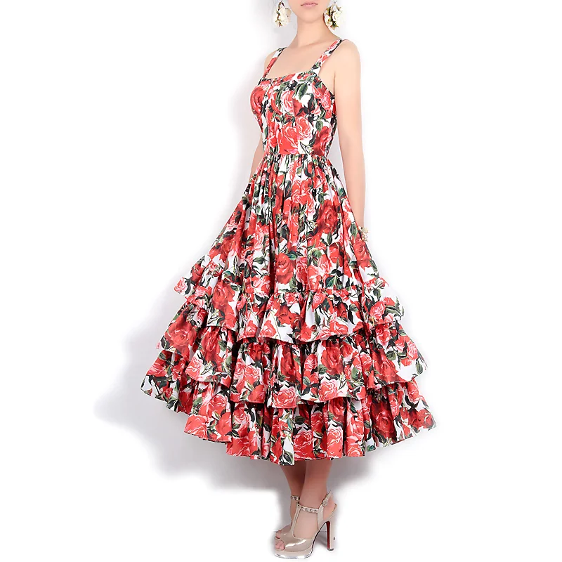 Neue Modedesignerin Runway Ballkleid Sommer Frauen Spaghetti träger rücken frei Blumen druck kaskadi rende Rüschen Strand kleid