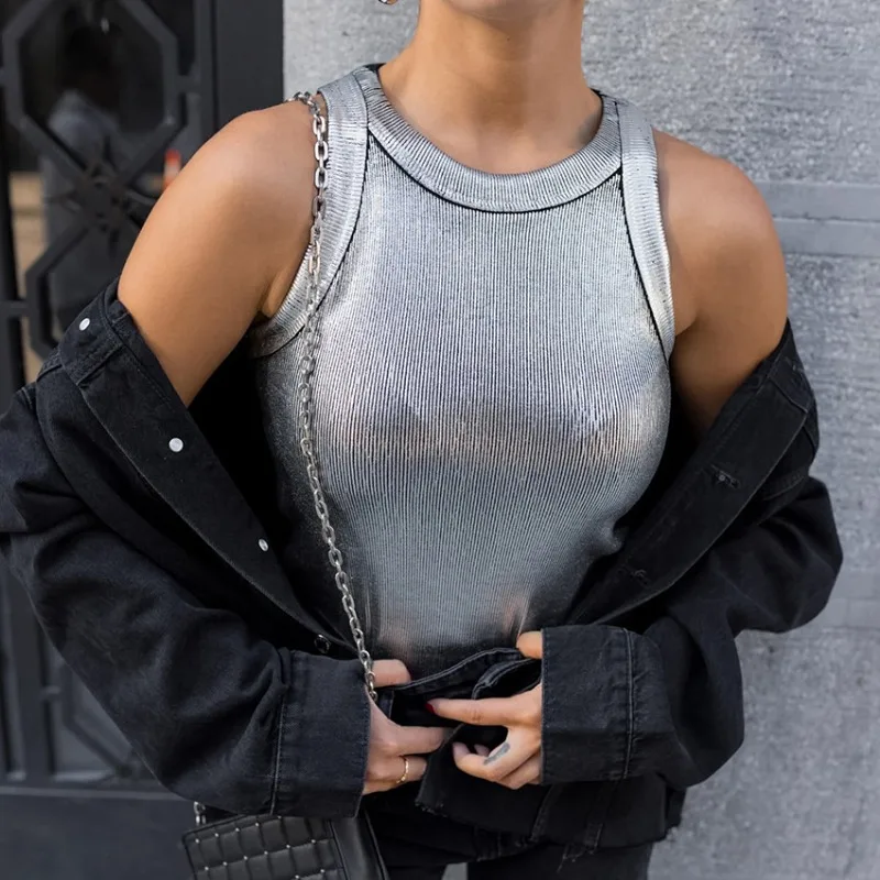 2024 Spring Women's Fashion Slim Silver Pullover Knitted Tank Top Temperament Commuting Female Elegant Sleeveless T-shirt