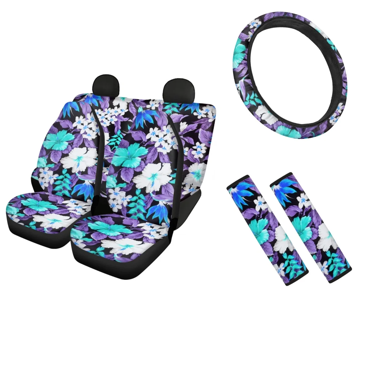 Blue Hawaiian Hibiscus Flower Car Interior Seat Covers Universal Vehicles Seat Belt Pads Easy to Install Steering Wheel Cover