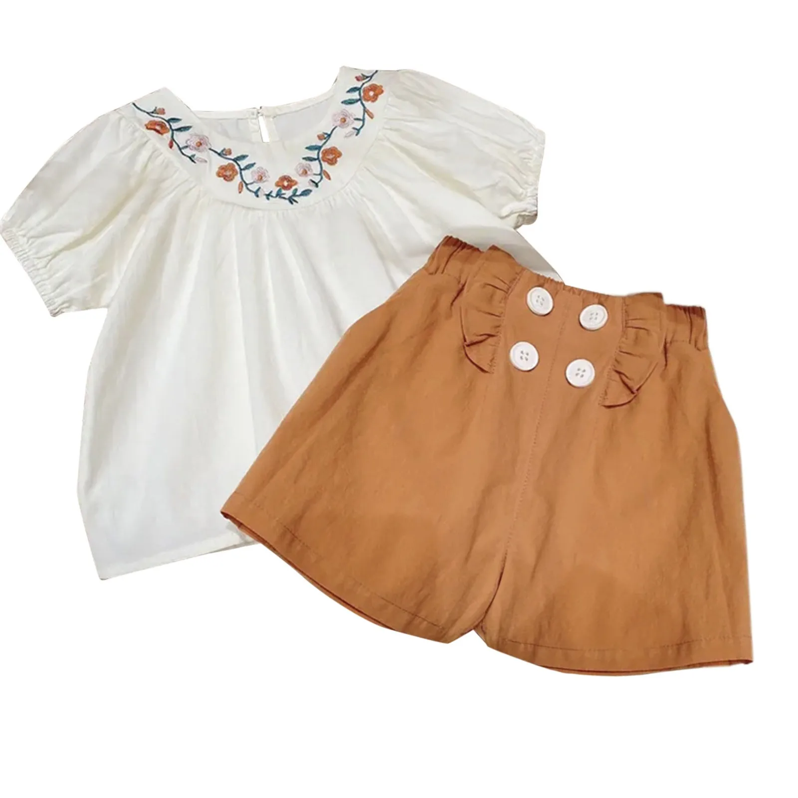 Toddler Baby Girls Summer Clothes Sets Embroidered Collar Top And Bottom Shorts 2Pcs Suit Kids Clothing Girls 1 2 3 4 5 6 7Years