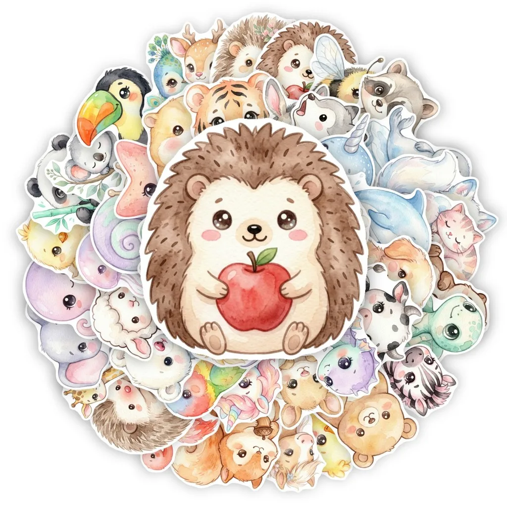 50Pcs Watercolor Cute Little Animal Stickers, Fresh Cartoon Decals of Marine and Land Creatures for Journaling Papery Pop Store