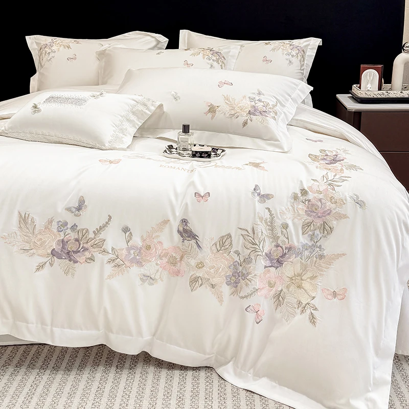 600TC Egyptian Cotton Bedding Set Luxury Floral Bird Embroidery Duvet Cover Set Soft Flat/Fitted Bed Sheet for Queen King Size
