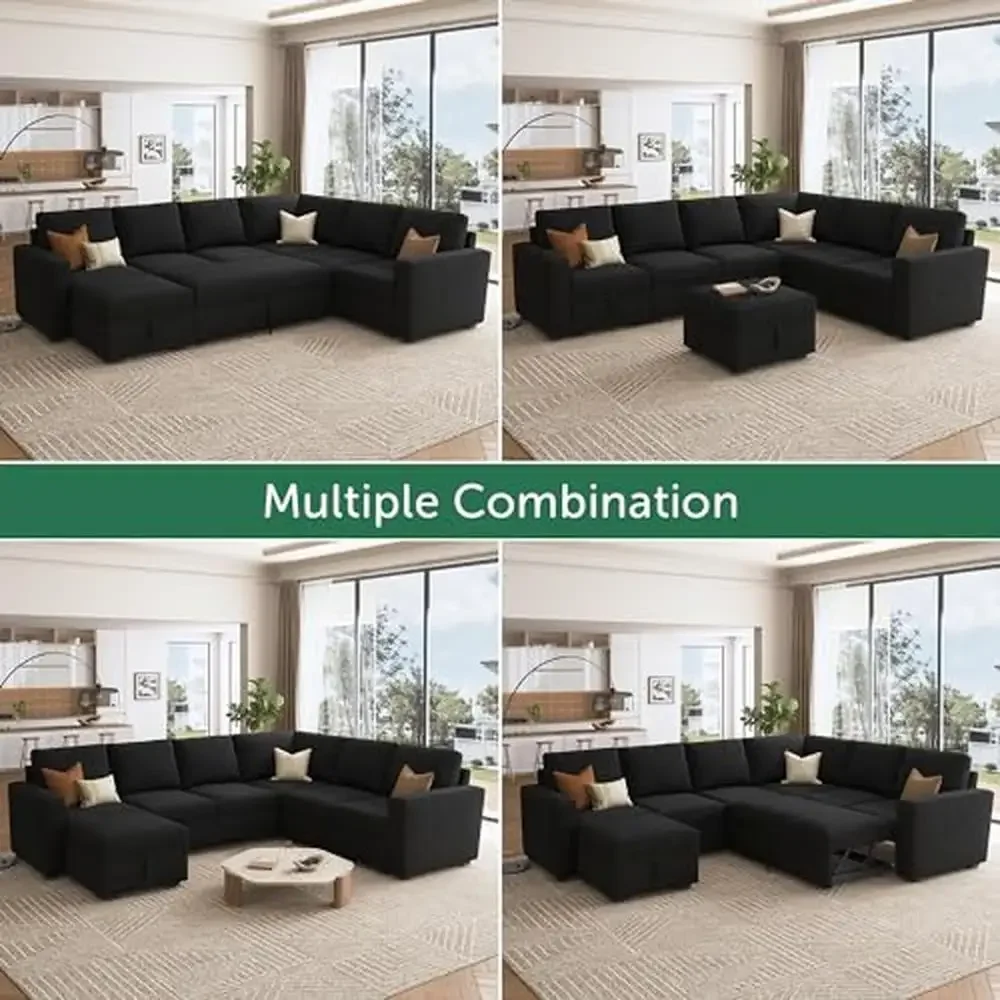 7-Seater Modular Sleeper Sofa with Pull-Out Bed & Storage Ottoman U-Shaped Velvet Sectional Couch Pet-Friendly & Easy Assembly image 4