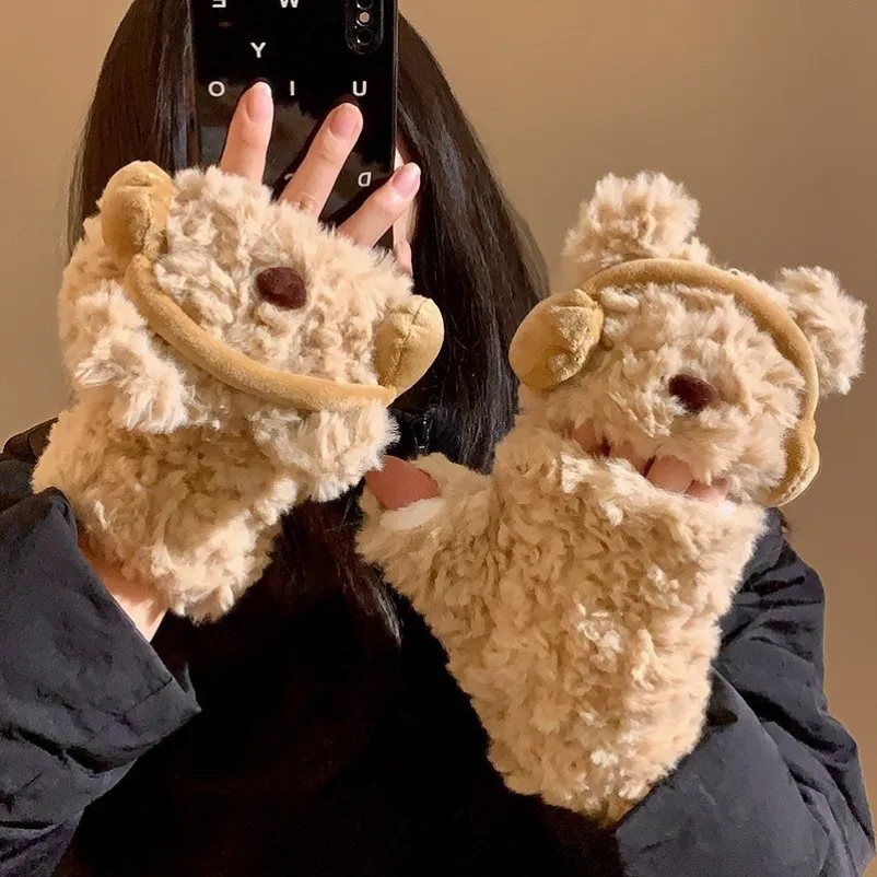 Kawaii Bear Plush Flip Gloves Winter Women Half Finger Convertible Mittens Cute Fluffy Teddy Bear Warm Gloves for Girls