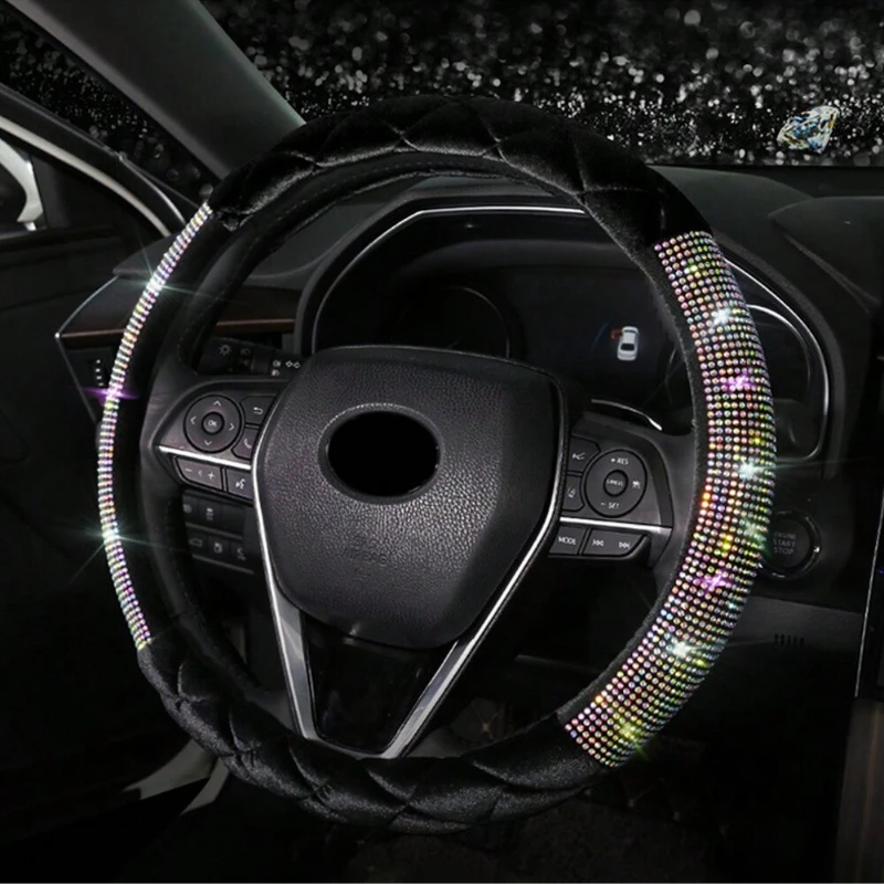 Luxury Rhombus Diamond Crystal Fashionable Plush Car Steering Wheel Cover 38CM Universal Interior Accessories Keep Warm