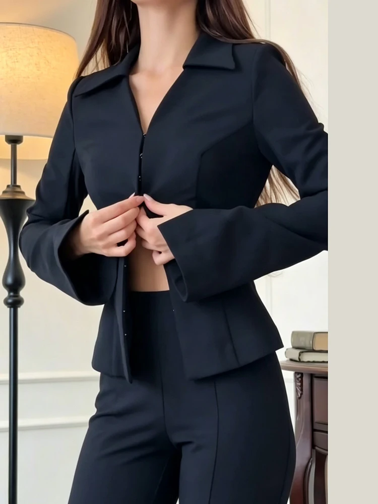 Elegant Women 2‑piece Business Suit Fitted Zip‑up Blazer Jacket High Waist Flare Trousers Hourglass Waist Formal Matching Set view 2